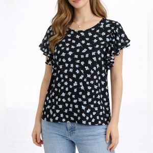 CeCe Black Blue White  Floral Ruffle Short Sleeve Blouse Spring Easter Top Sz M